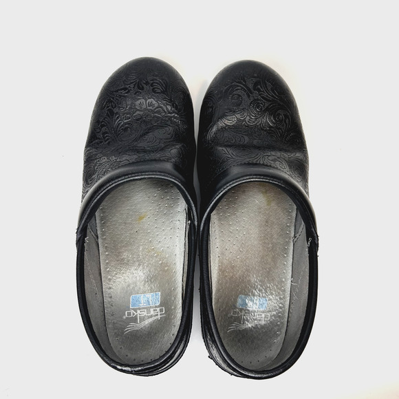 Dansko LT Nursing Clogs Womens 38 Black Floral Tooled Comfort Slip On Elevated - Picture 5 of 9
